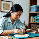 A focused Malaysian female artisan in her cozy home studio, meticulously crafting intricate handmade items. She is wearing modest, comfortable yet professional attire. The background shows organized shelves with various crafting materials and finished products, bathed in soft, natural light. The atmosphere is calm and inspiring. fully clothed, appropriate content, safe for work, perfect anatomy, correct proportions, natural pose, well-formed hands, proper finger count, natural body proportions, professional photography, high quality.