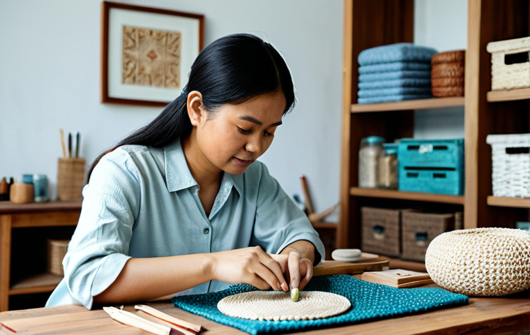 A focused Malaysian female artisan in her cozy home studio, meticulously crafting intricate handmade items. She is wearing modest, comfortable yet professional attire. The background shows organized shelves with various crafting materials and finished products, bathed in soft, natural light. The atmosphere is calm and inspiring. fully clothed, appropriate content, safe for work, perfect anatomy, correct proportions, natural pose, well-formed hands, proper finger count, natural body proportions, professional photography, high quality.